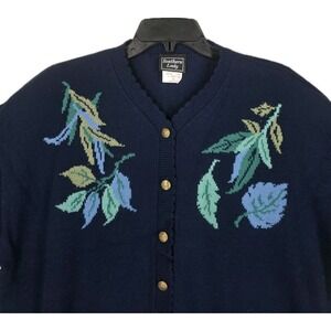 Vtg Southern Lady Cardigan Sweater Knit Womens XL Navy Blue Leaves Motif USA NWT